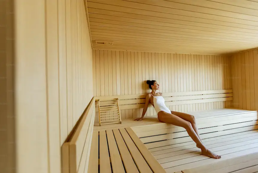 A woman in a sauna. 