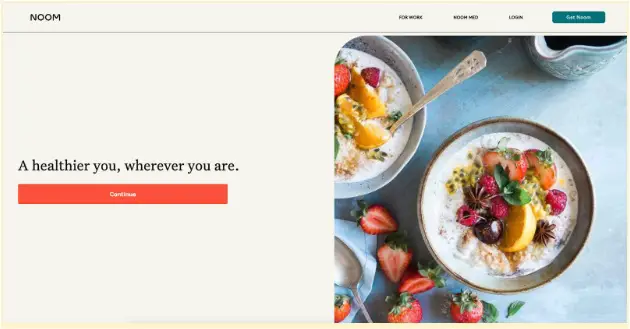 Noom website homepage featuring a logo, a "continue" button to sign up, and a top-down image of healthy foods.