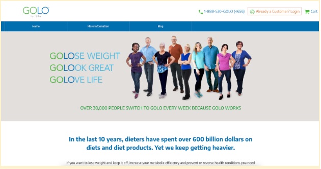 Golo website homepage featuring logo and image of weight loss clients.