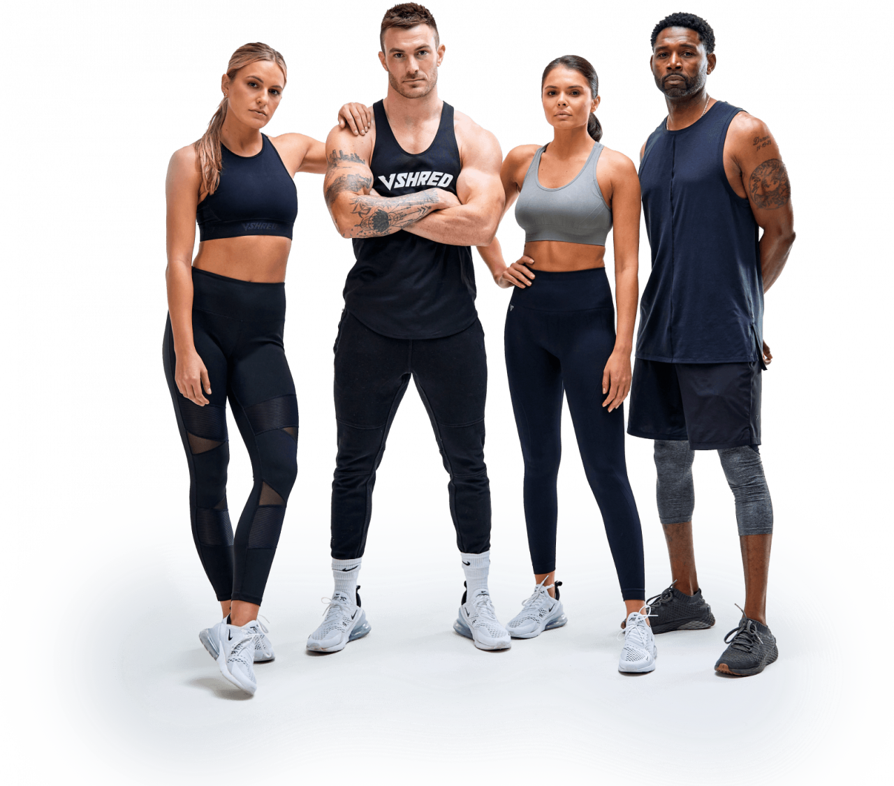 VInce Sant, Vshred CEO posing with two fit women and one muscular man.
