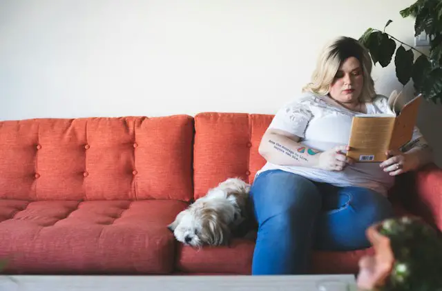 A woman sitting on a red sofa reading a book with a dog beside her