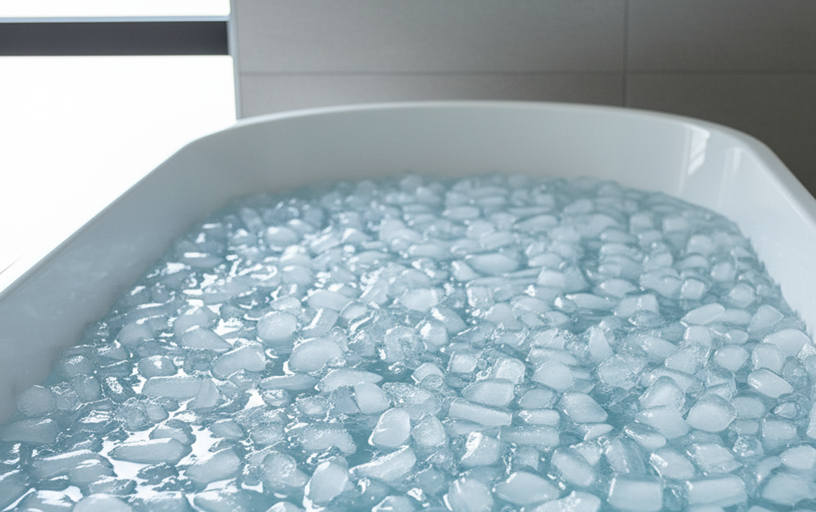 A bathtub filled with ice cubes and cold water.