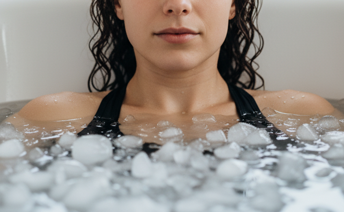 A woman in a black swimsuit sitting in an ice bath filled with water and ice cubes.