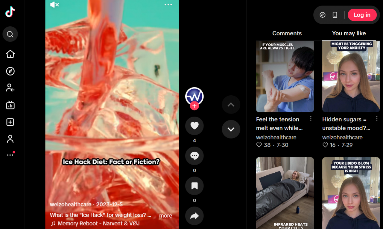 Screenshot of a TikTok page with a video of Ice Hack Diet with related health videos on the side.